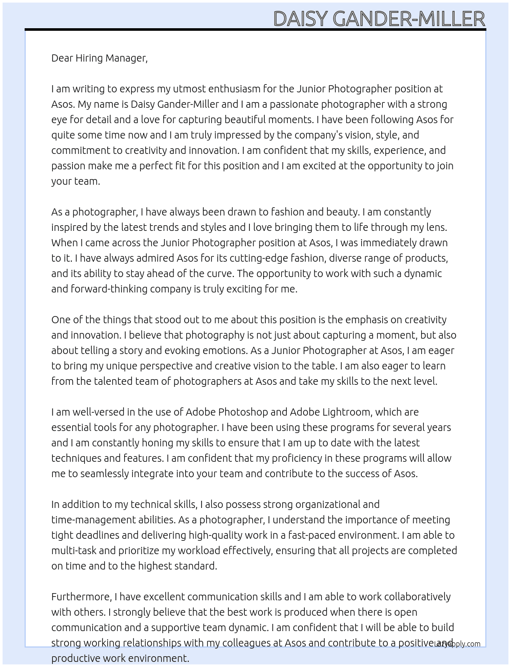 Junior Photographer At Asos Cover Letter