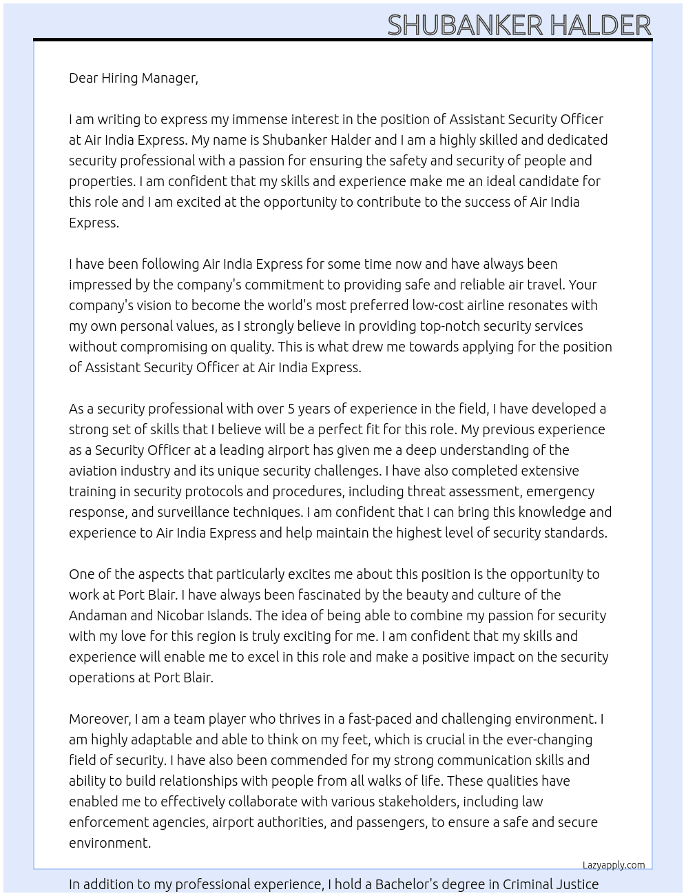 Assistant Security Officer At Air India Express Cover Letter