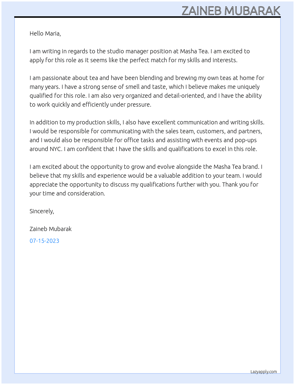 studio manager At masha tea Cover Letter