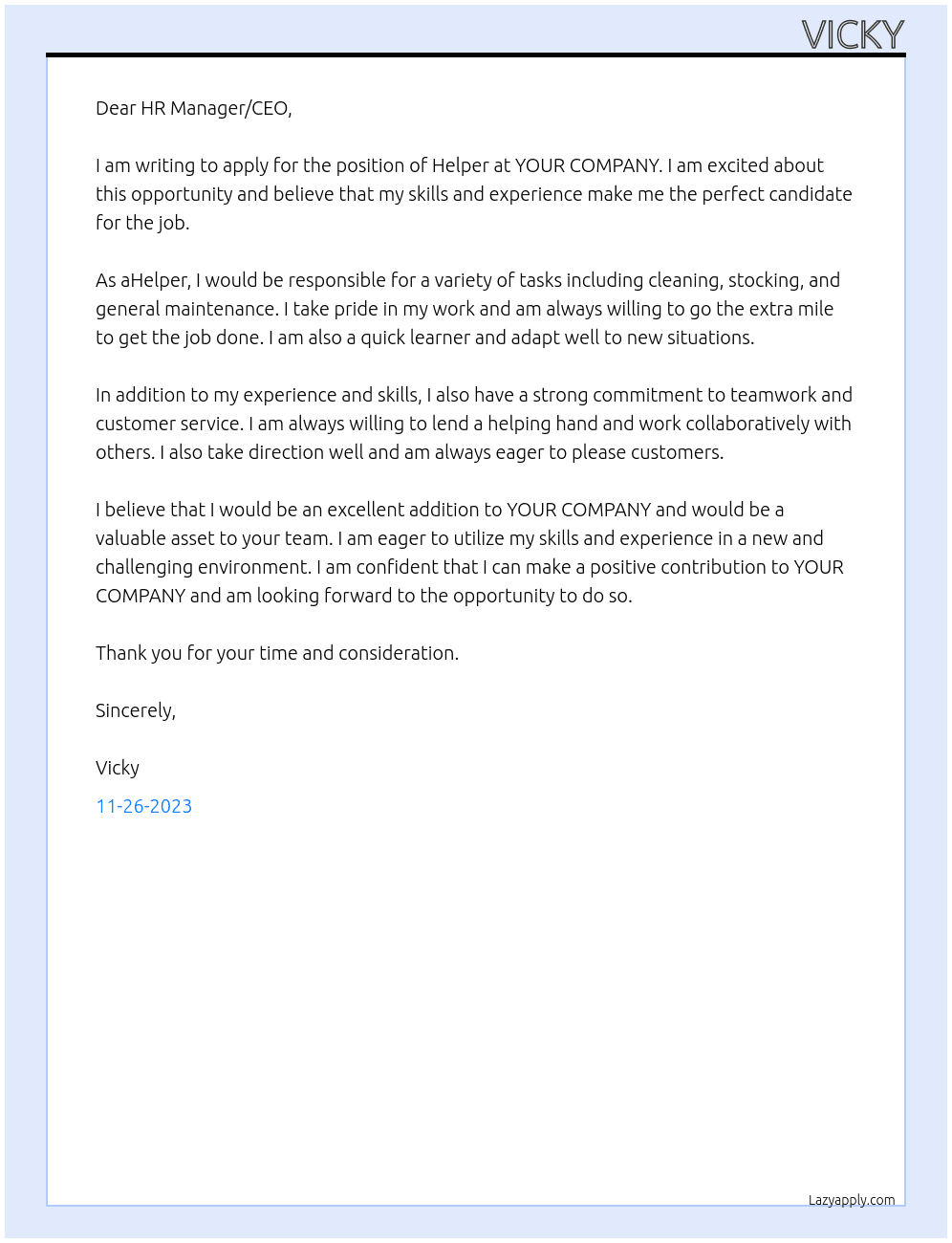HELPER At YOUR COMPANY Cover Letter