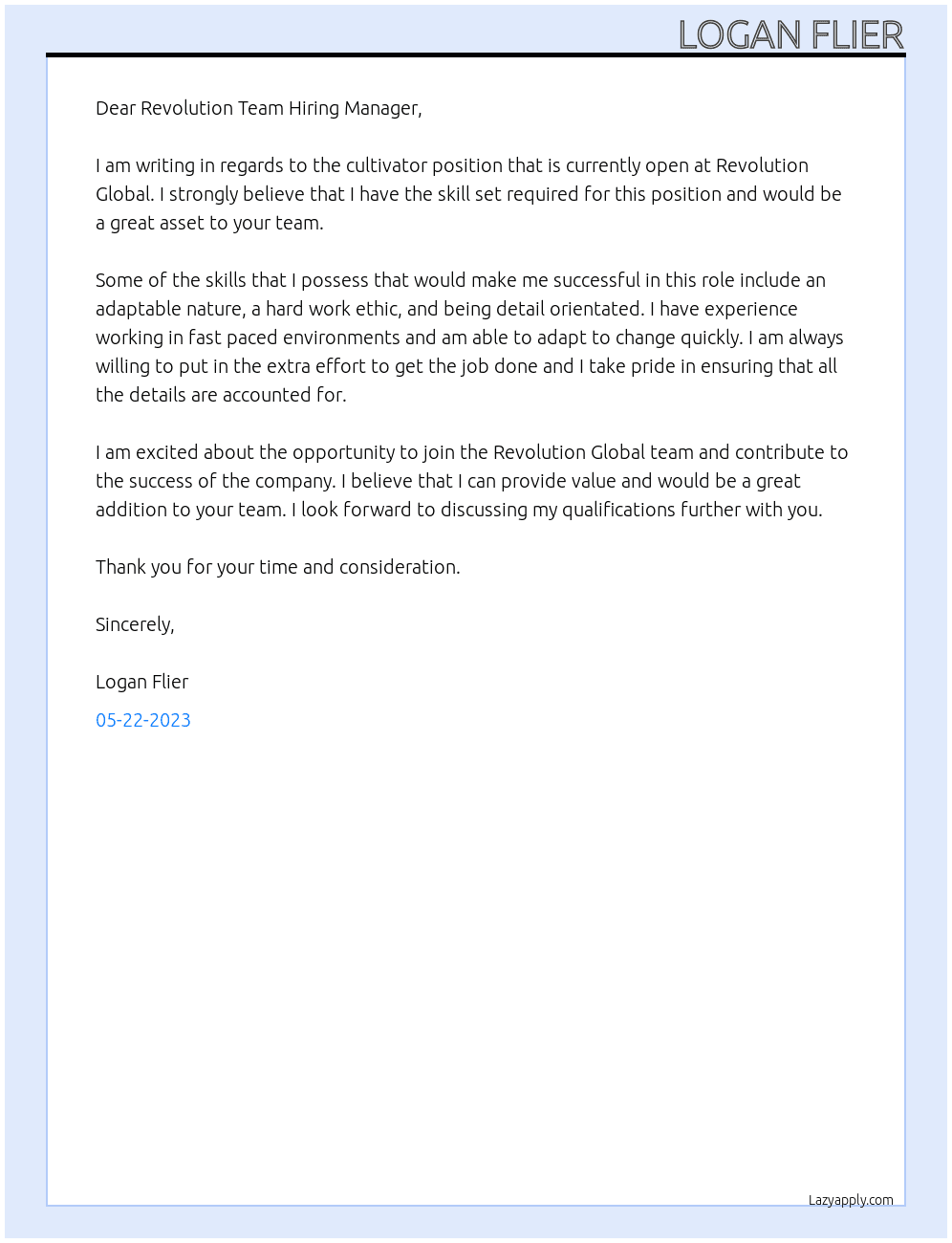 Cultivator  At Revolution Global Cover Letter