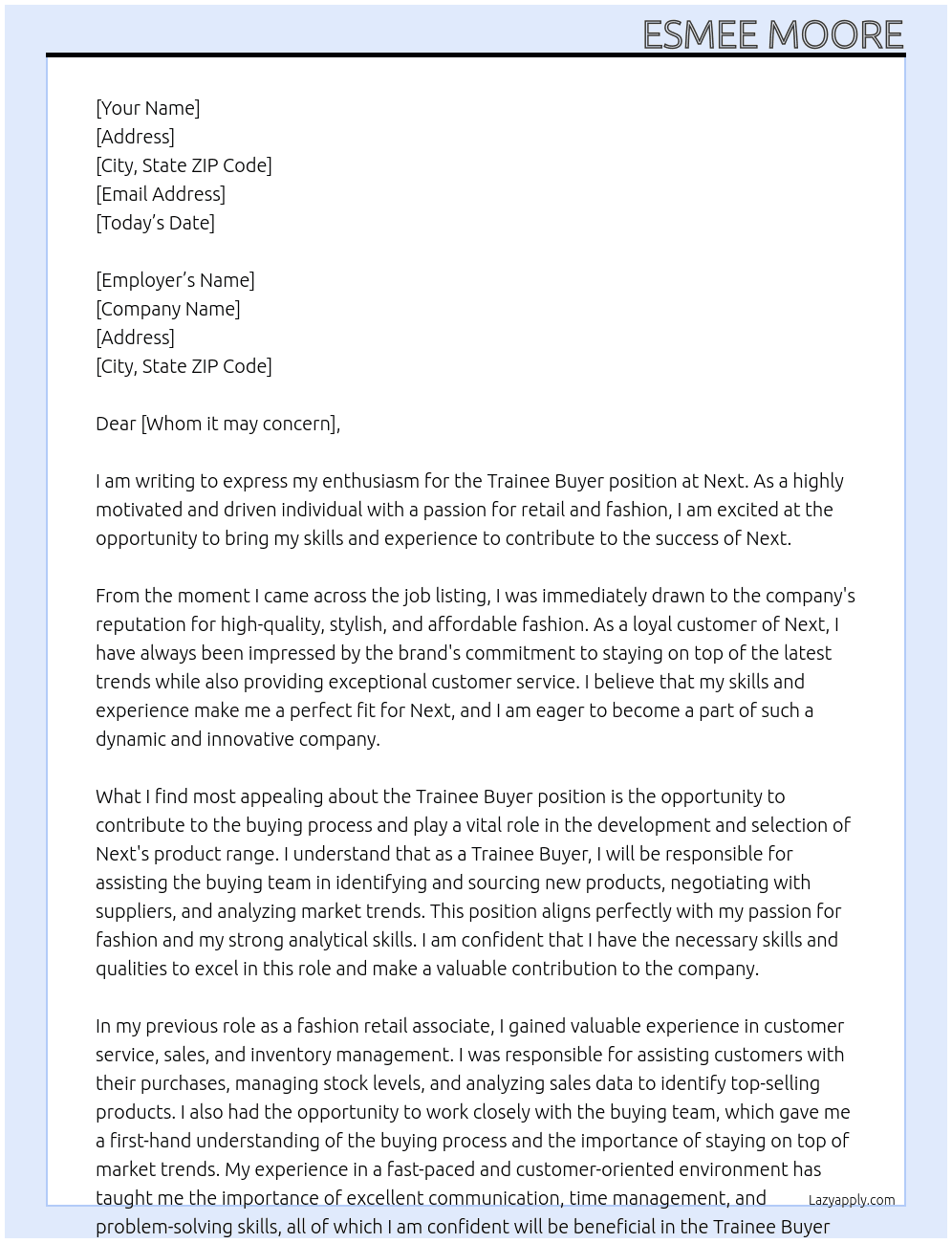 Trainee Buyer At Next Cover Letter
