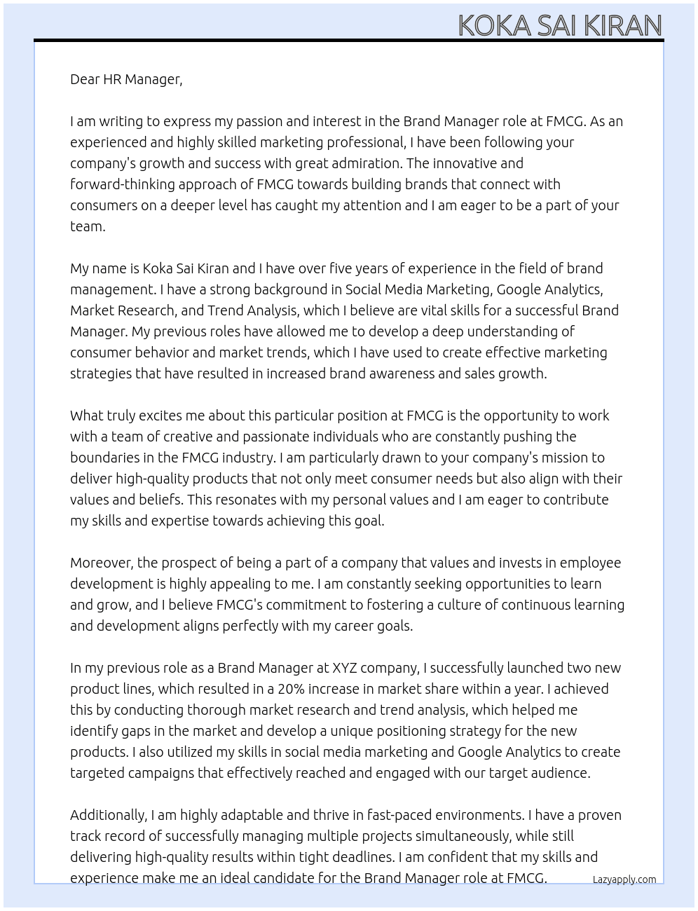 Brand Manager At FMCG Cover Letter