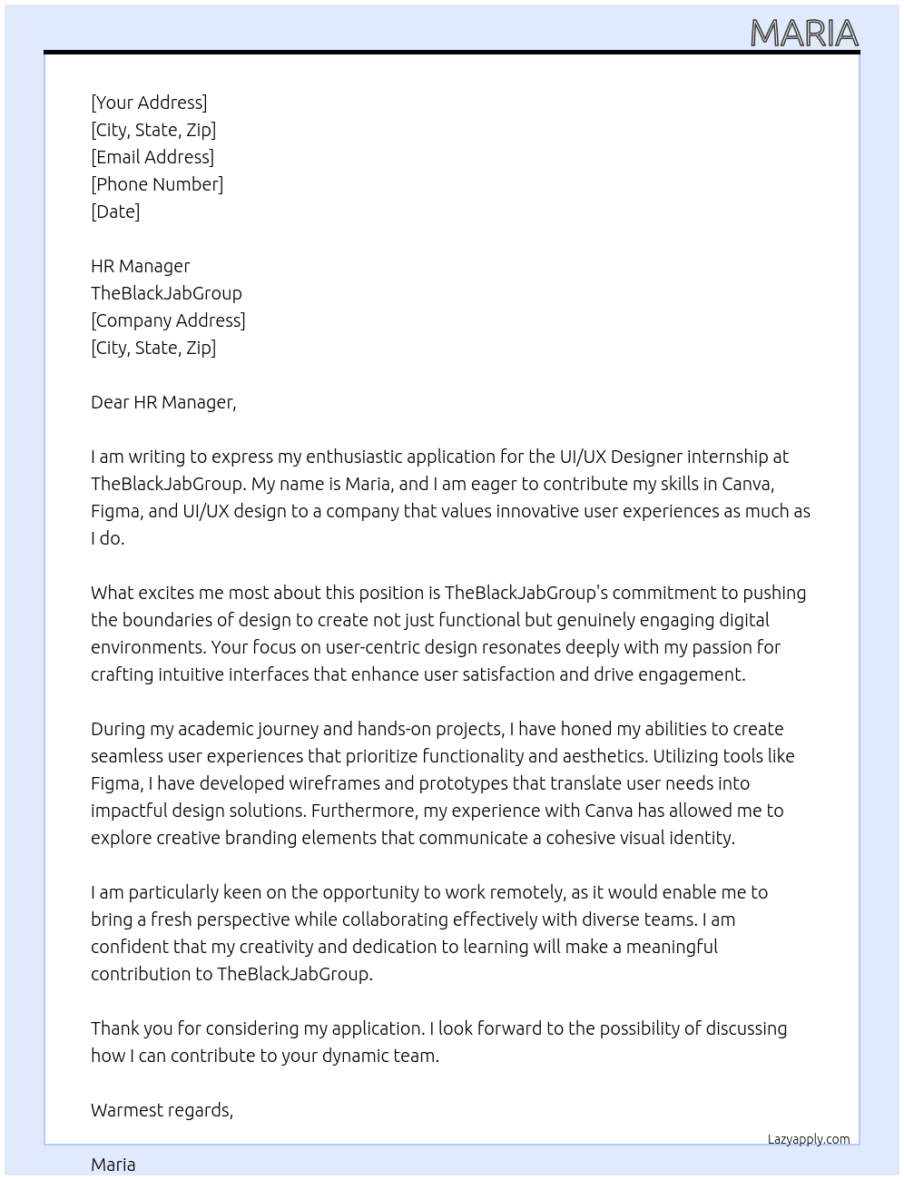 UI Ux designer At TheBlackJabGroup Cover Letter