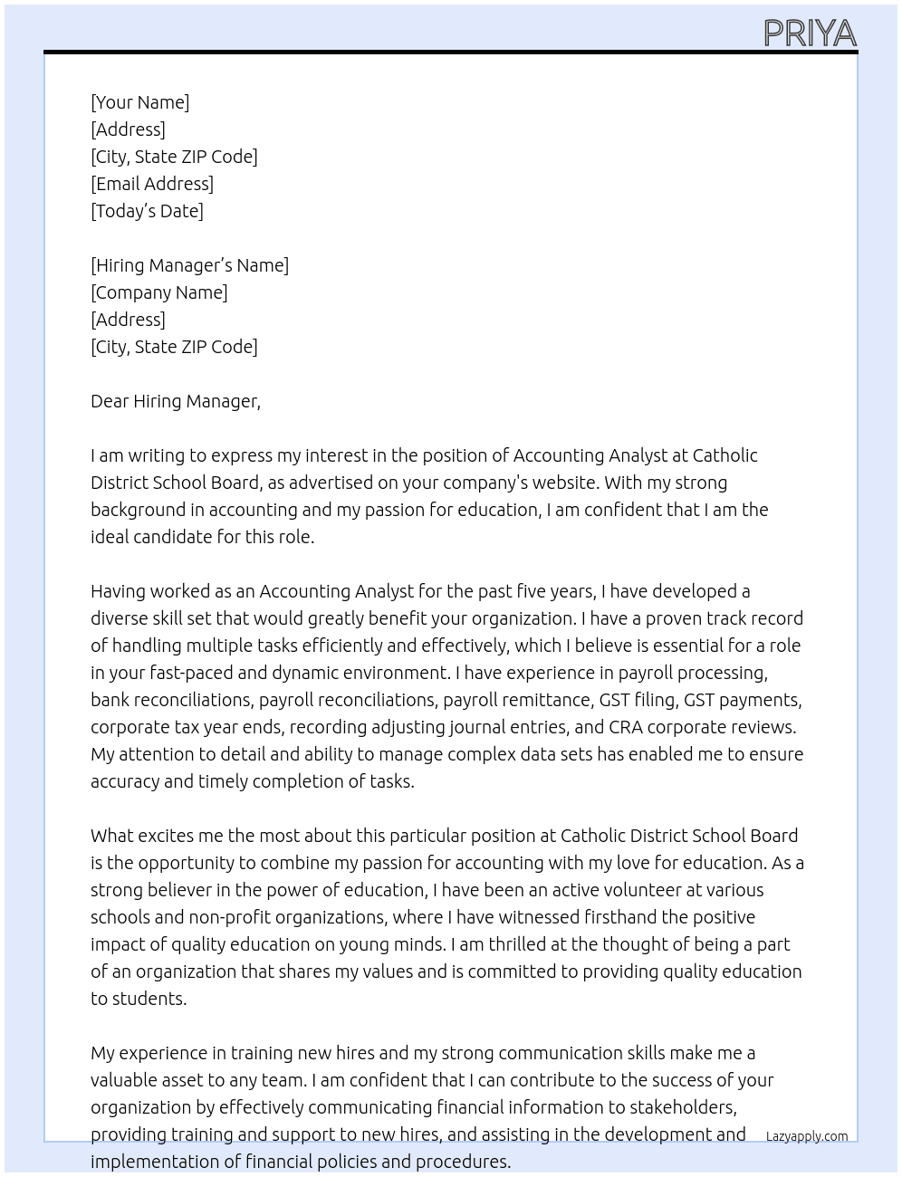 Accounting Analyst  At Catholic District School Board Cover Letter