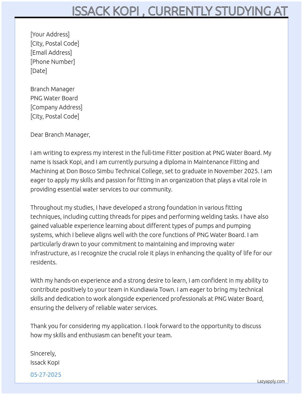 Fitter  At PNG Water board ( without advertising) Cover Letter