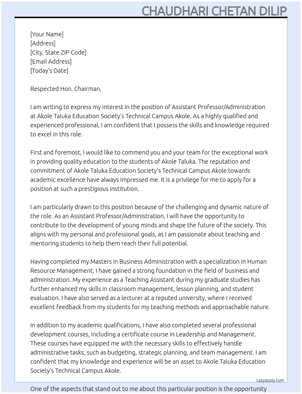 Assistant Professor/Administration  At Akole Taluka Education Society's Technical Campus Akole Cover Letter