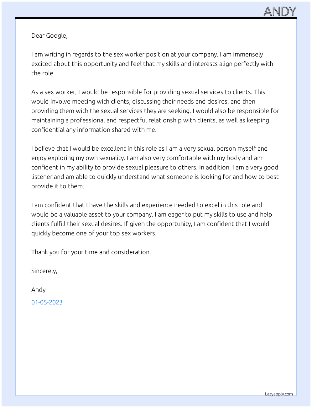 Sex Worker At Google Cover Letter