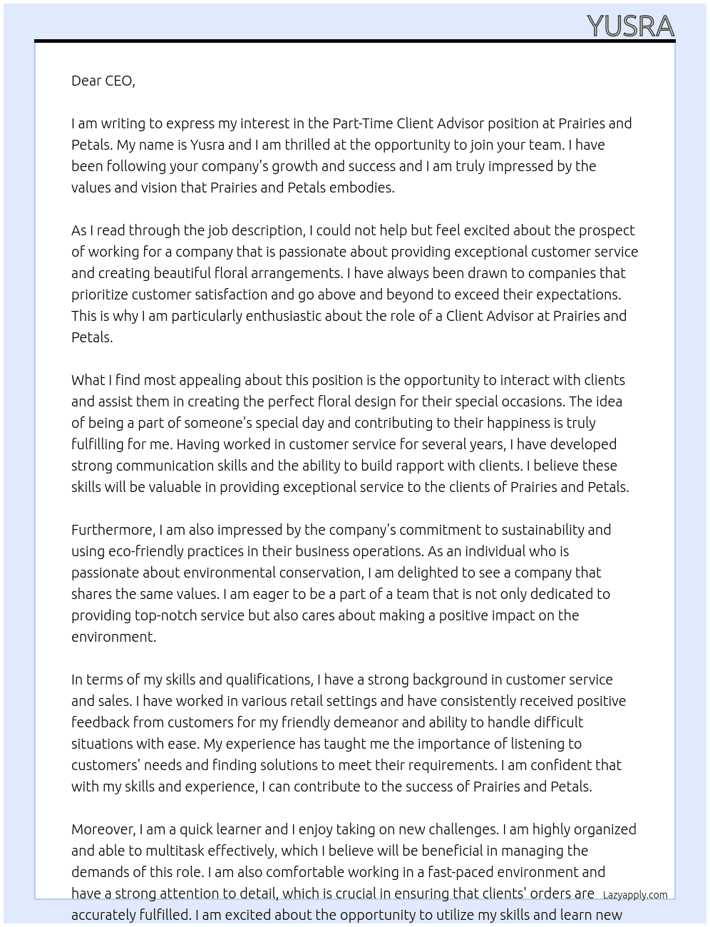 Part-Time Client Advisor  At Prairies and Petals Cover Letter