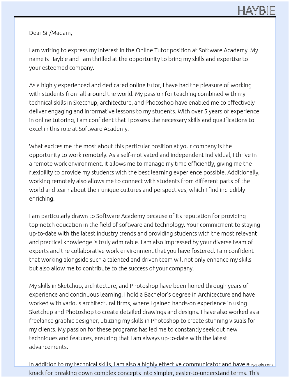 Online Tutor At Software Academy Cover Letter