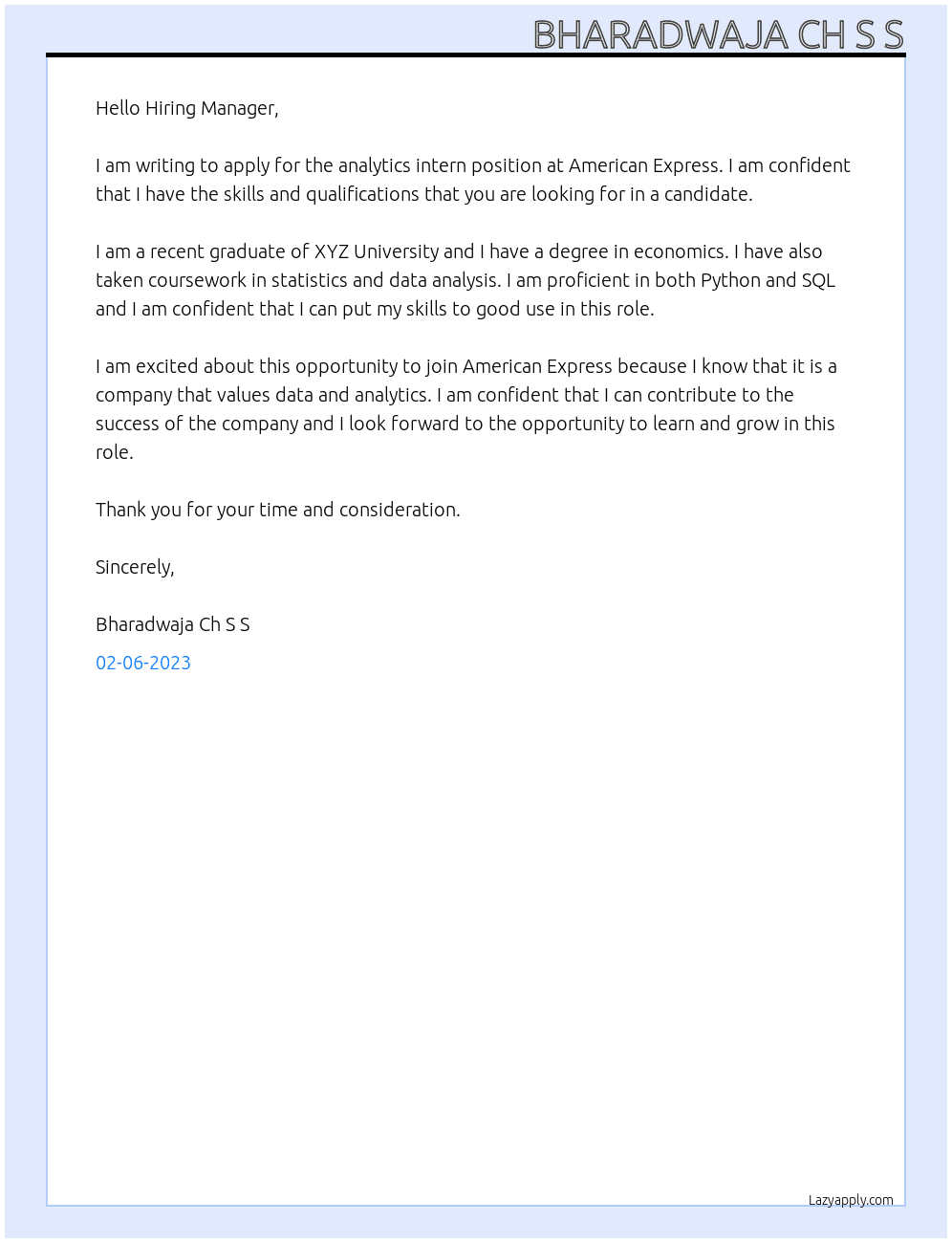 Cover letter for analytics intern - LazyApply