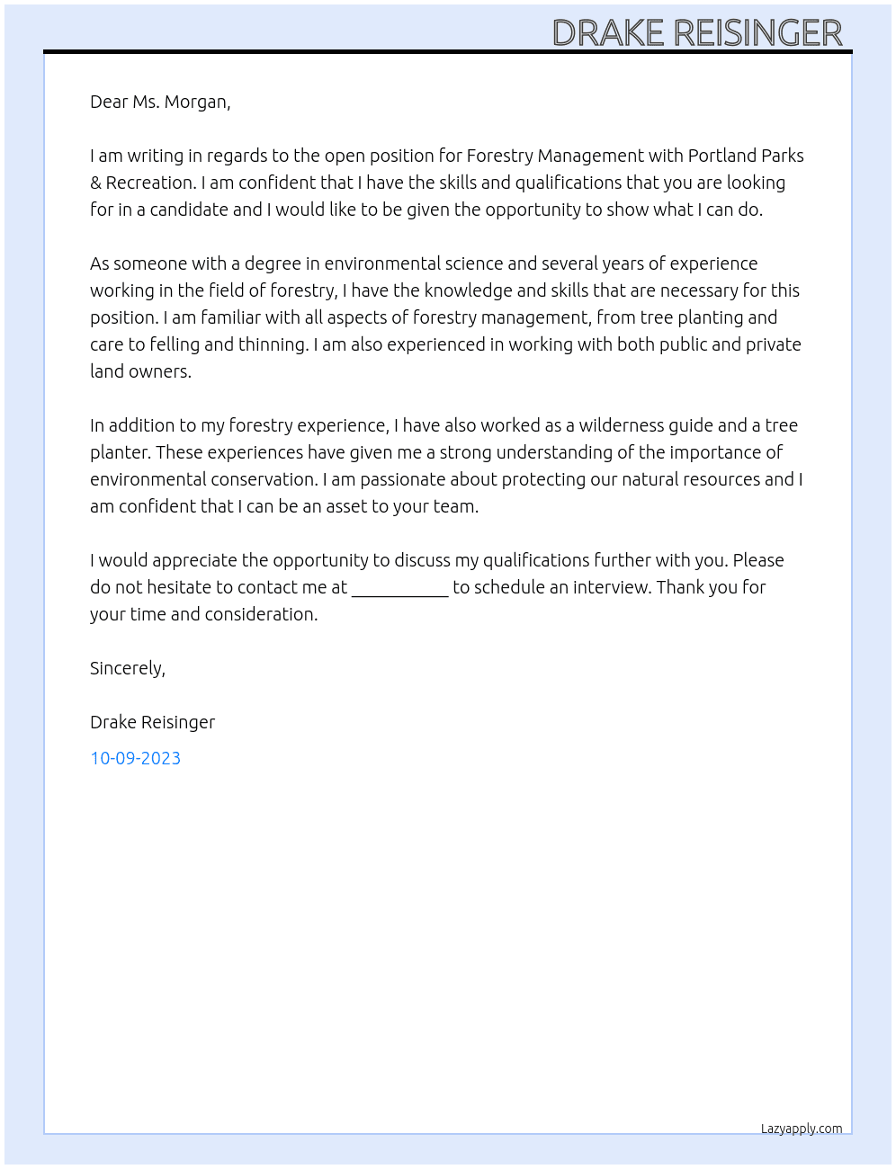 Forestry Management  At Portland Parks & Recreation Cover Letter