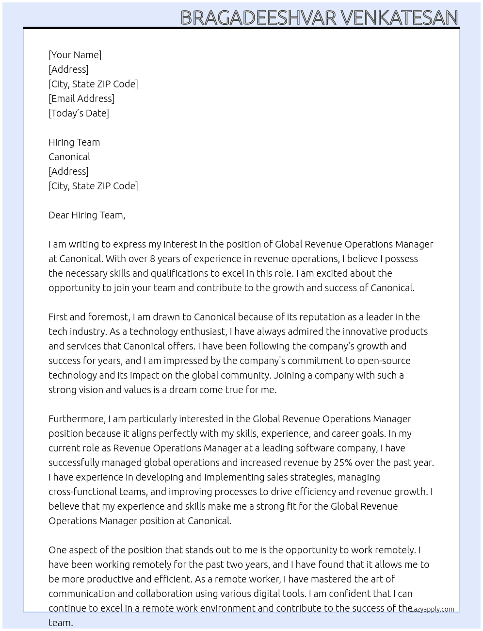 Global Revenue Operations Manager At Canonical Cover Letter