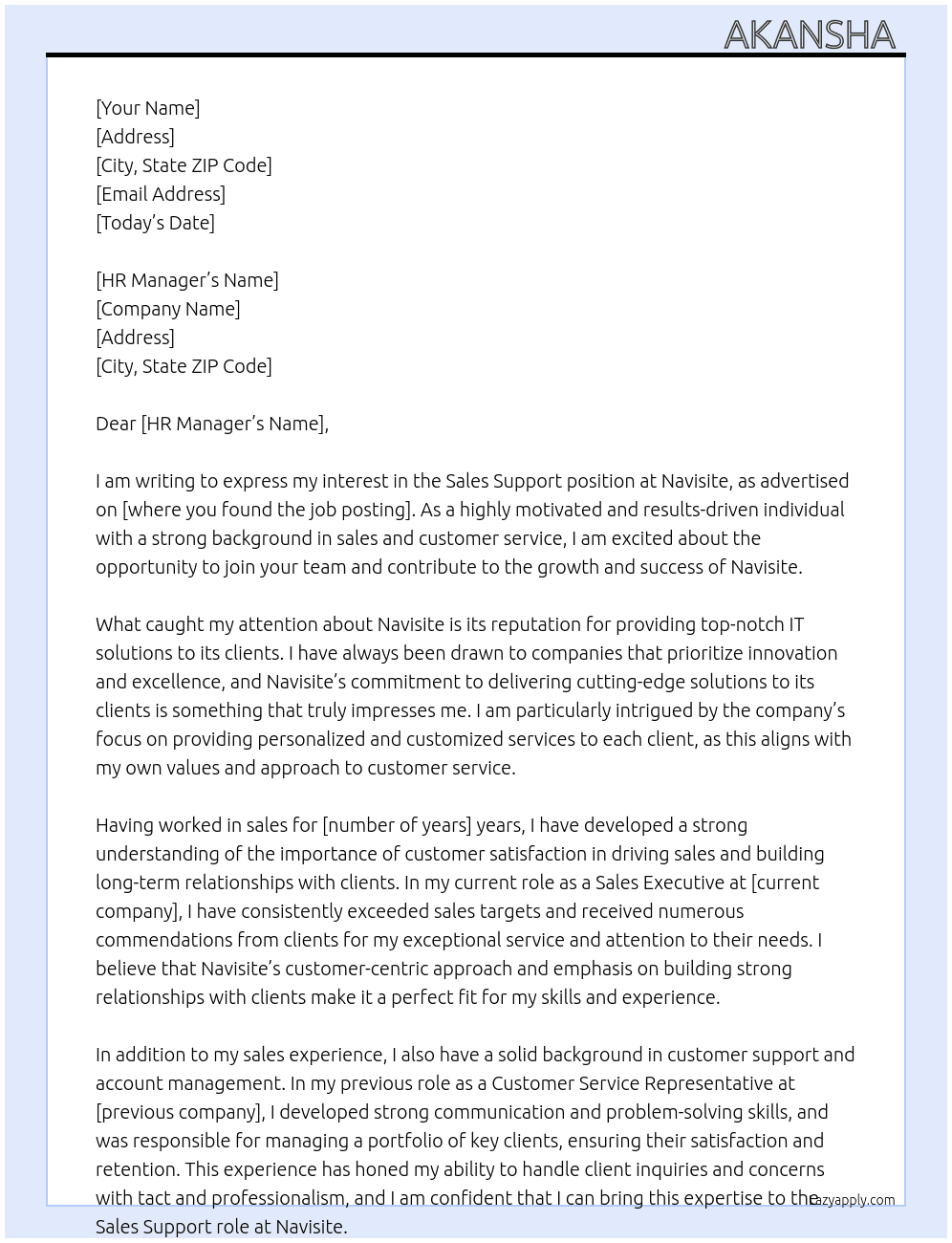 sales support At Navisite Cover Letter