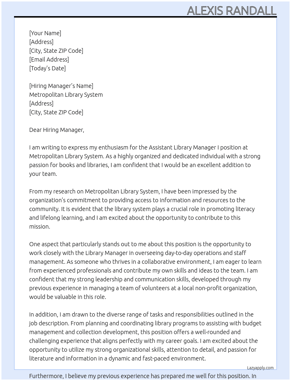 Assistant Library Manager I At Metropolitan Library System Cover Letter