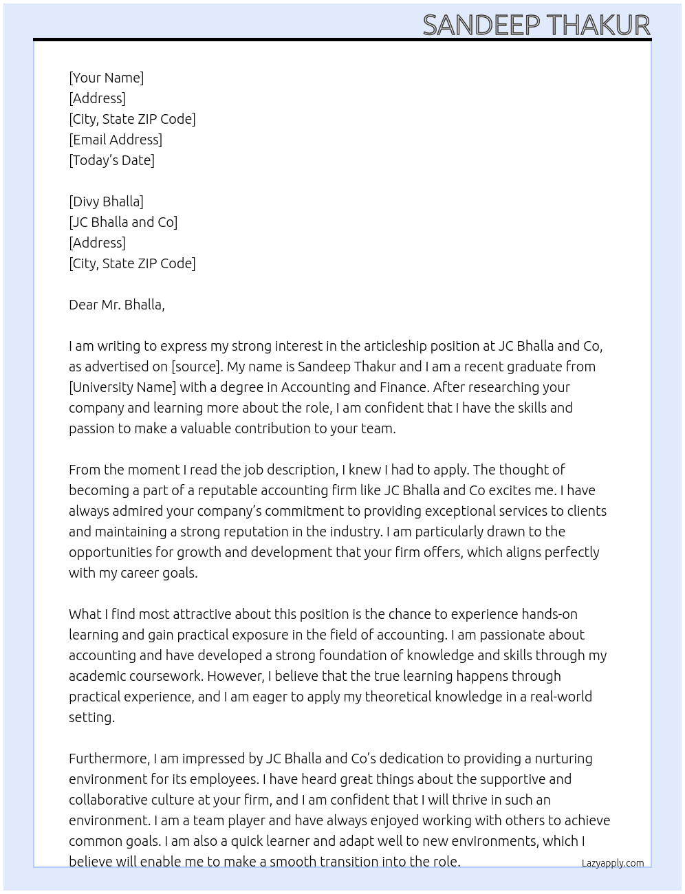 articleship At jc bhalla and co Cover Letter