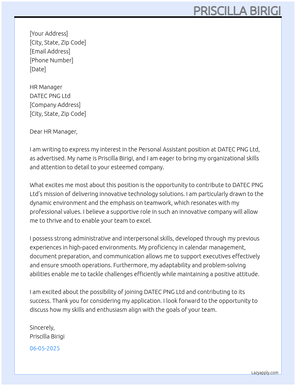Personal Assistant  At DATEC PNG Ltd Cover Letter