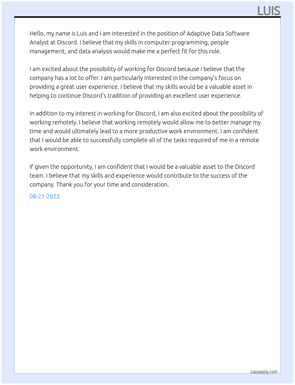 Adaptive data software analyst  At Discord Cover Letter