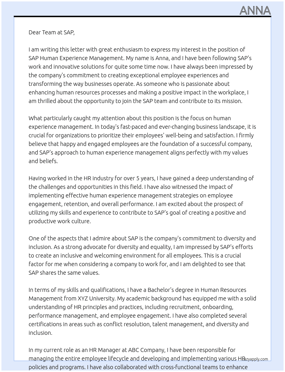 SAP Human Experience Management At SAP Cover Letter