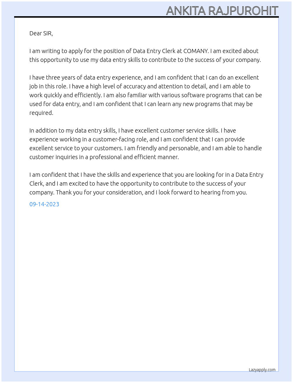 DATA ENTRY  CLERK At COMANY Cover Letter