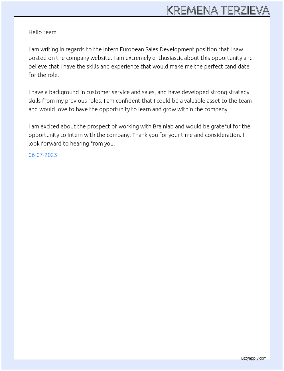 Intern European Sales Development At Brainlab Cover Letter