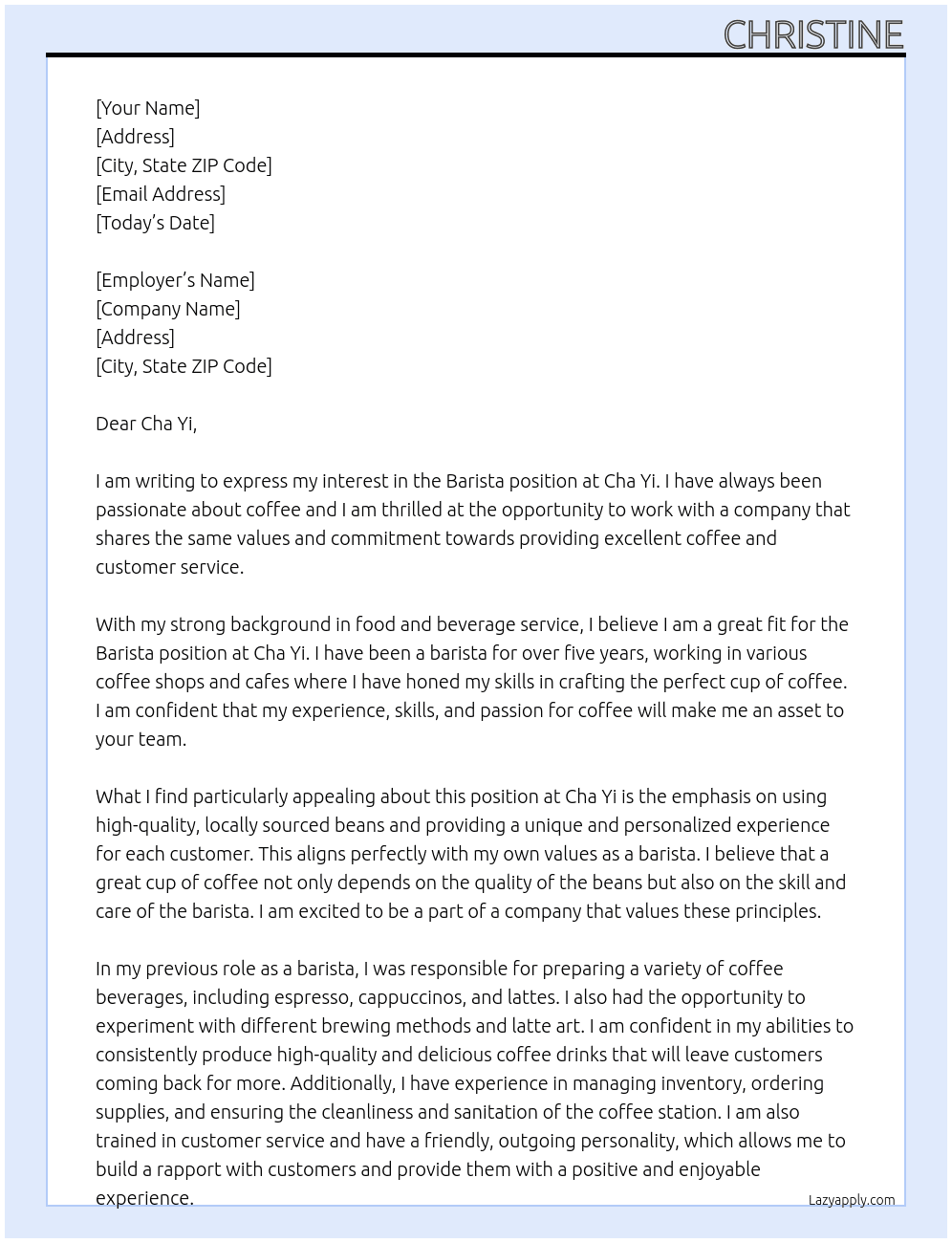 Barista At Cha Yi Cover Letter