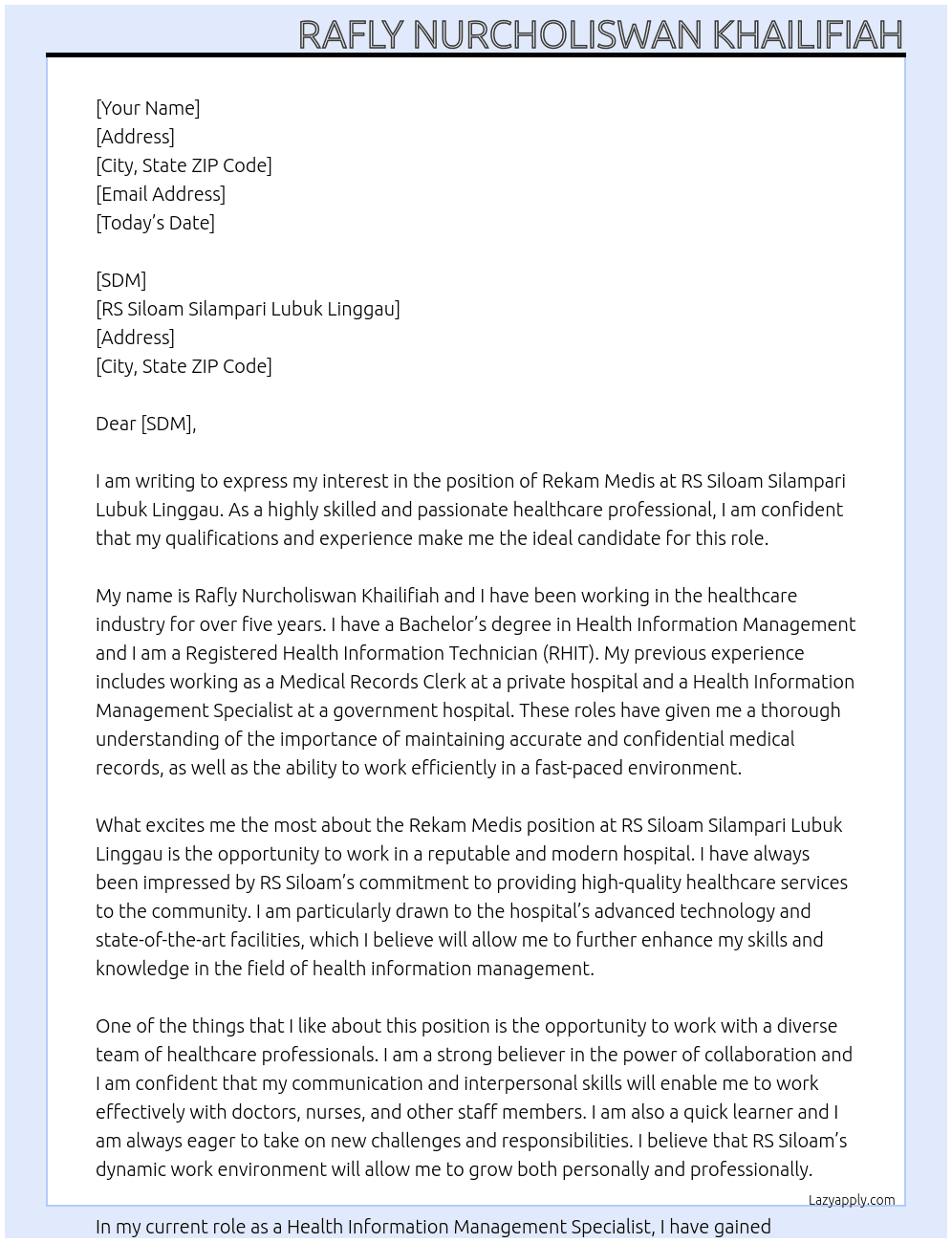 rekam medis At RS Siloam Silampari Lubuk linggau Cover Letter