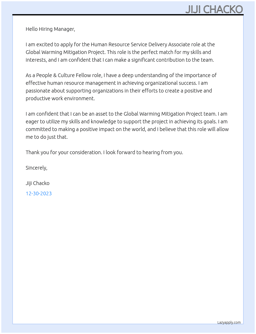 Human resource service delivery associate At Global warming mitigation project Cover Letter
