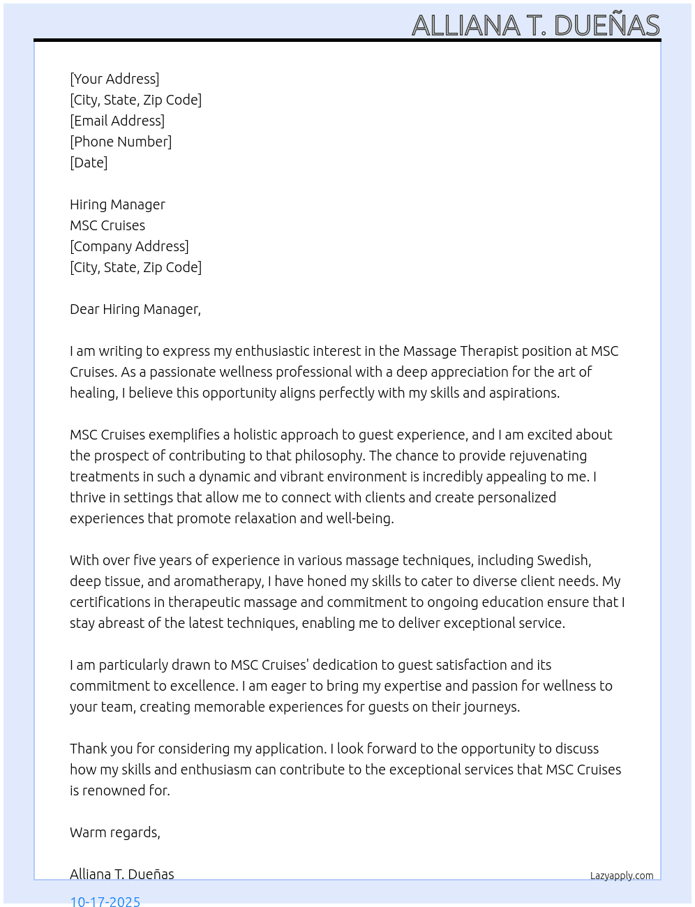 Massage Therapist At MSC Cruises Cover Letter