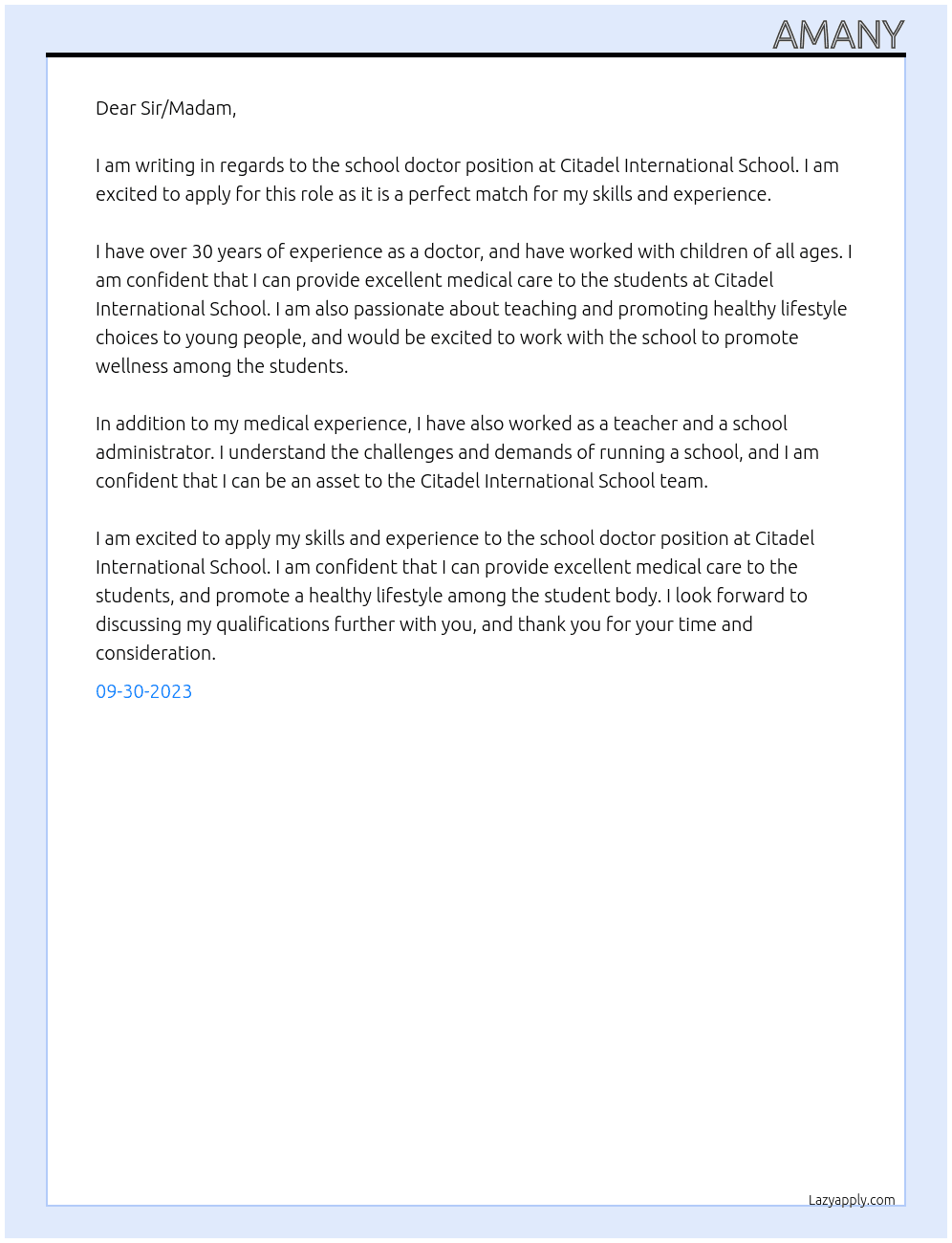 School Doctor At Citadel International School Cover Letter