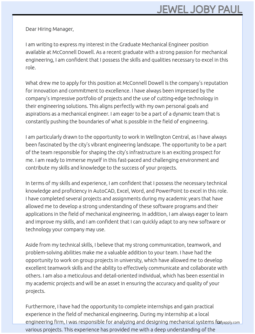 Graduate Mechanical Engineer At McConnell Dowell Cover Letter