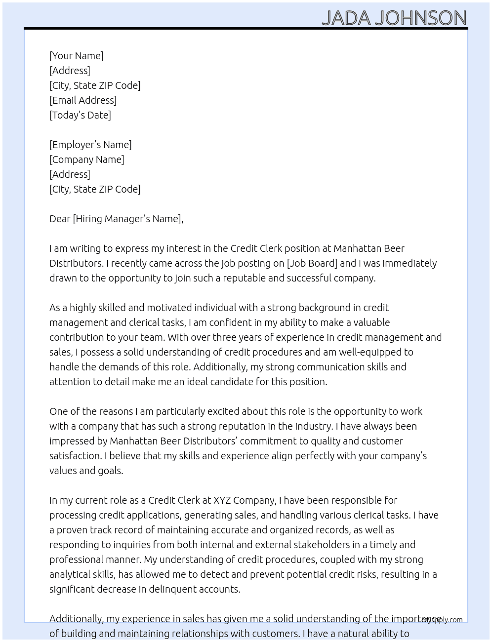 Credit clerk At Manhattan Beer Distributors Cover Letter