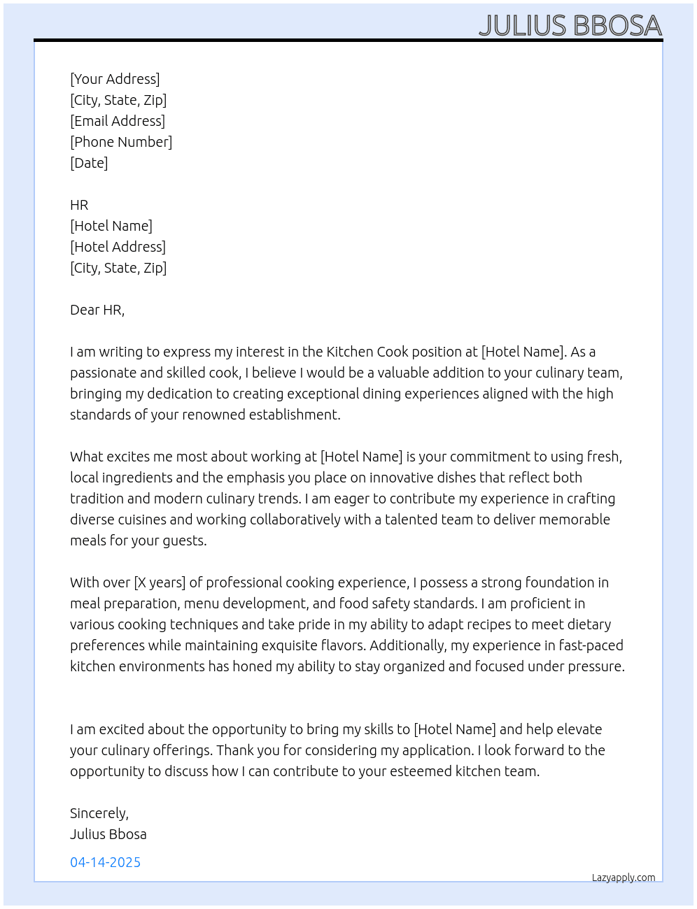 Cover letter for kitchen cook - LazyApply