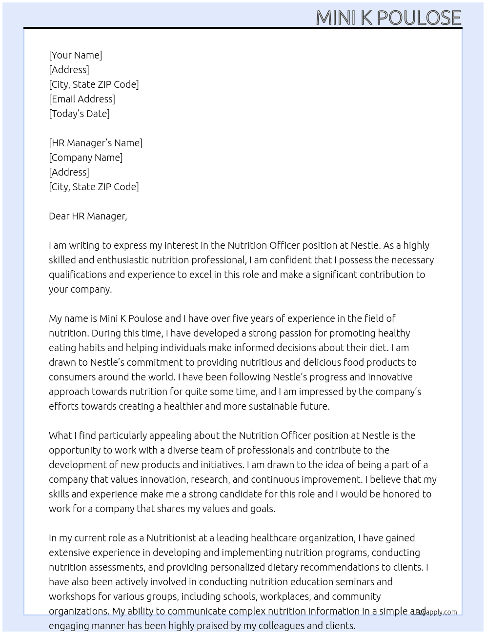 NUTRITION OFFICER At NESTLE Cover Letter