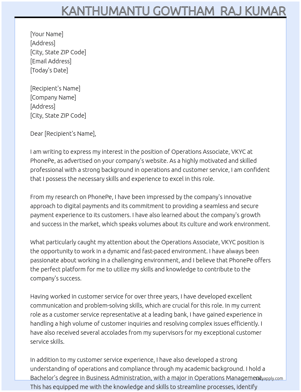 Cover letter for operations associate, vkyc at phonepe - LazyApply