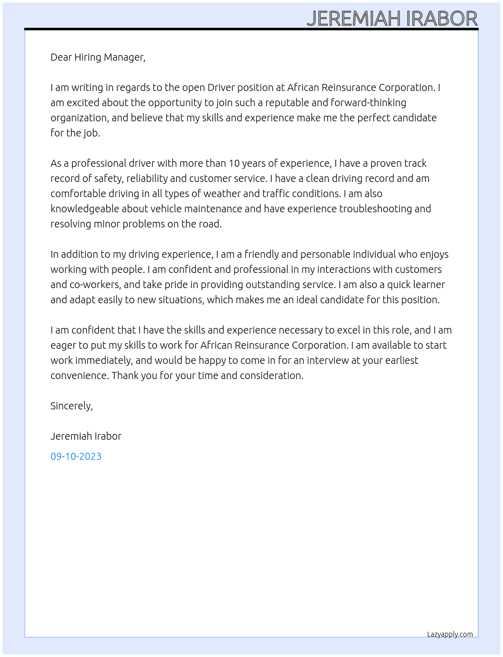 Driver At African Reinsurance Corporation Cover Letter