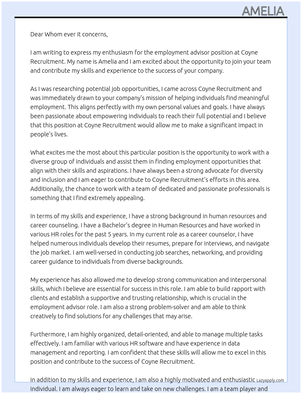 employment Advisor  At Coyne Recruitment  Cover Letter