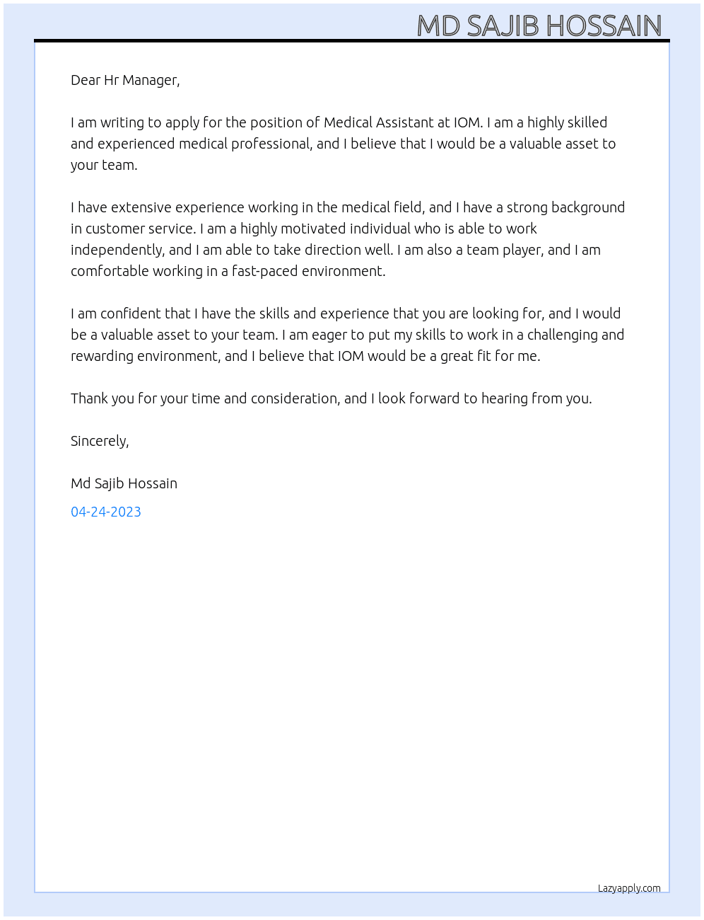 Medical Assistant  At IOM Cover Letter