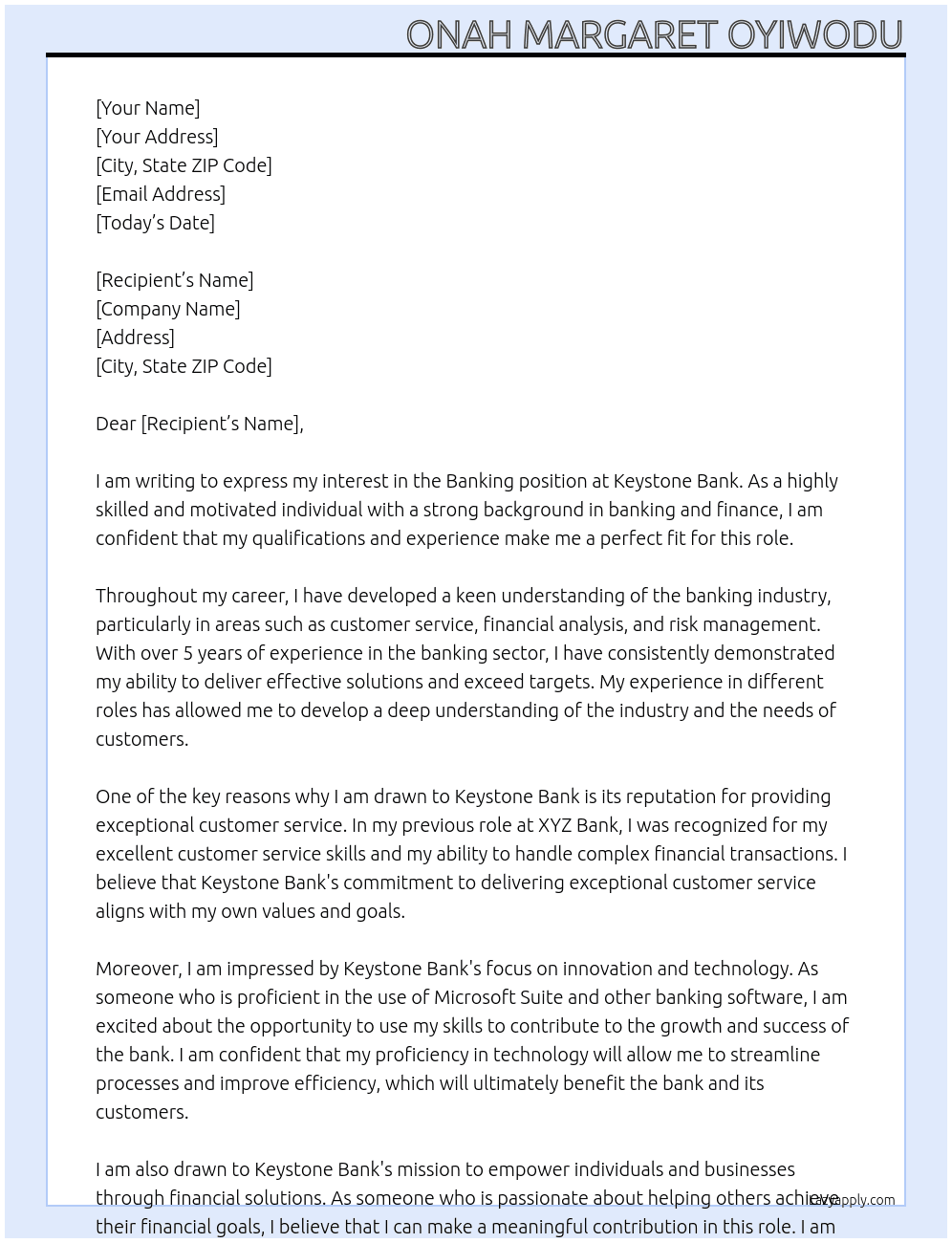 Banking At KEYSTONE BANK Cover Letter