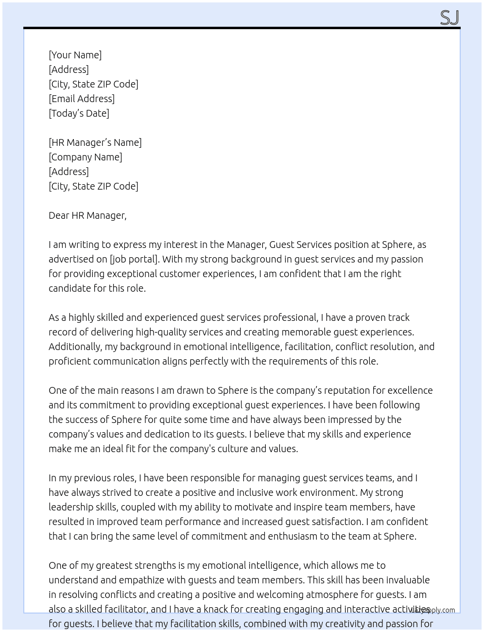 Manager, Guest Services At Sphere Cover Letter