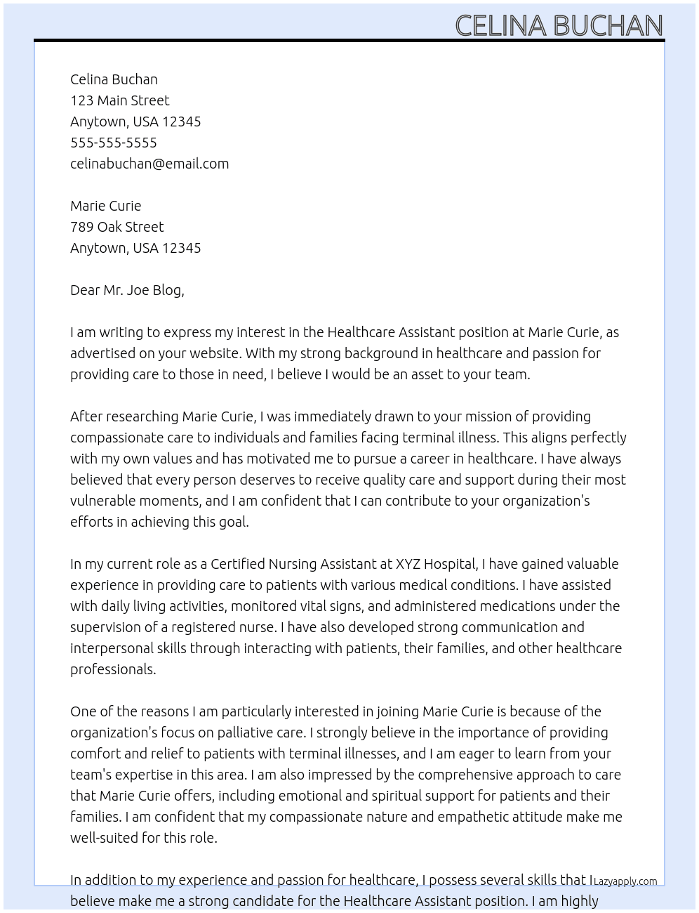 healthcare assistant At marie curie Cover Letter