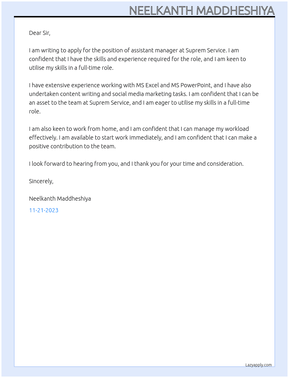 assistant manager At Suprem Service Cover Letter