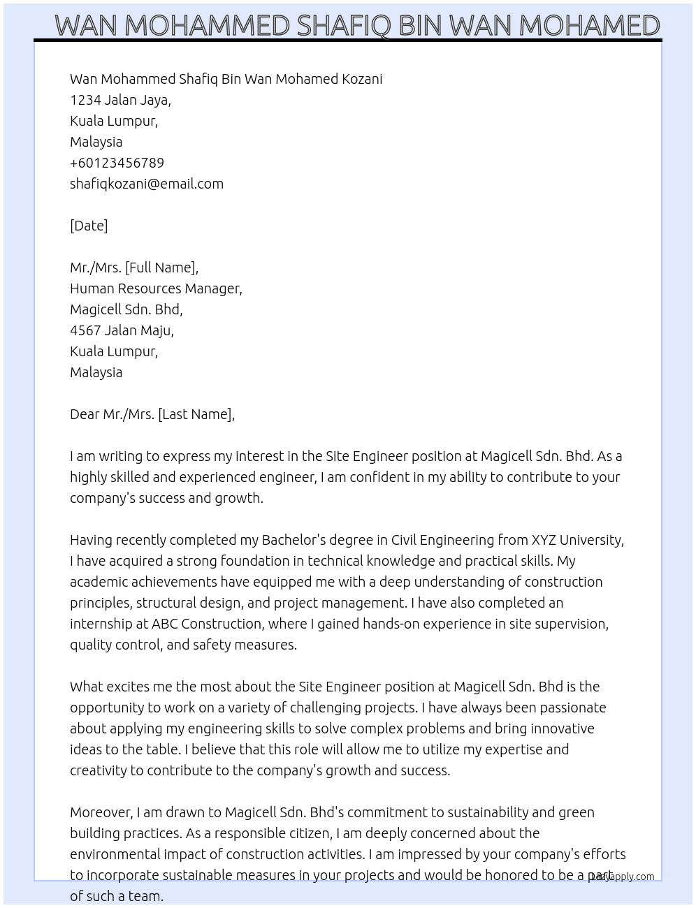 Site Engineer  At Magicell Sdn. Bhd Cover Letter