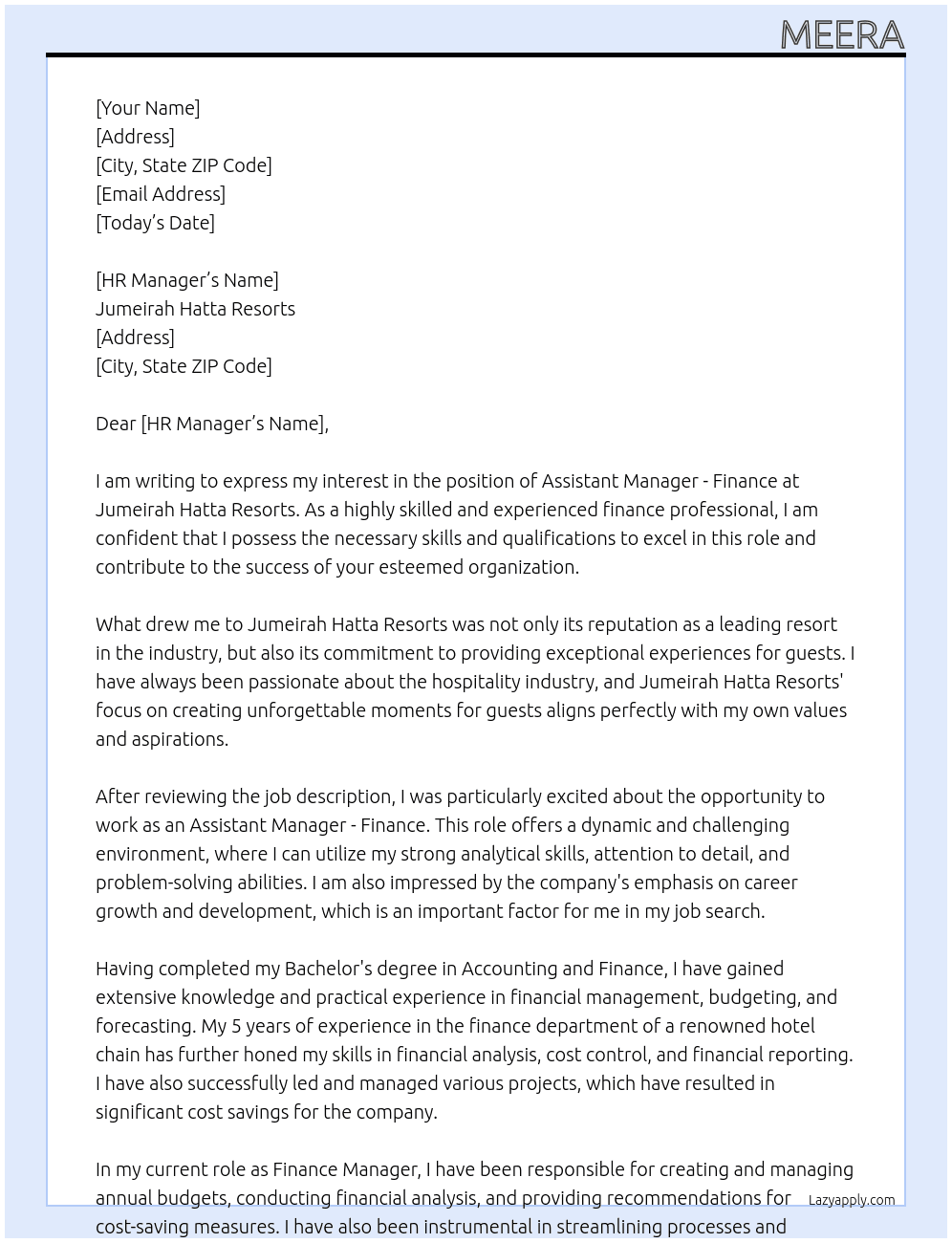 Assitant Manager - Finance At Jumeirah Hatta Resorts Cover Letter