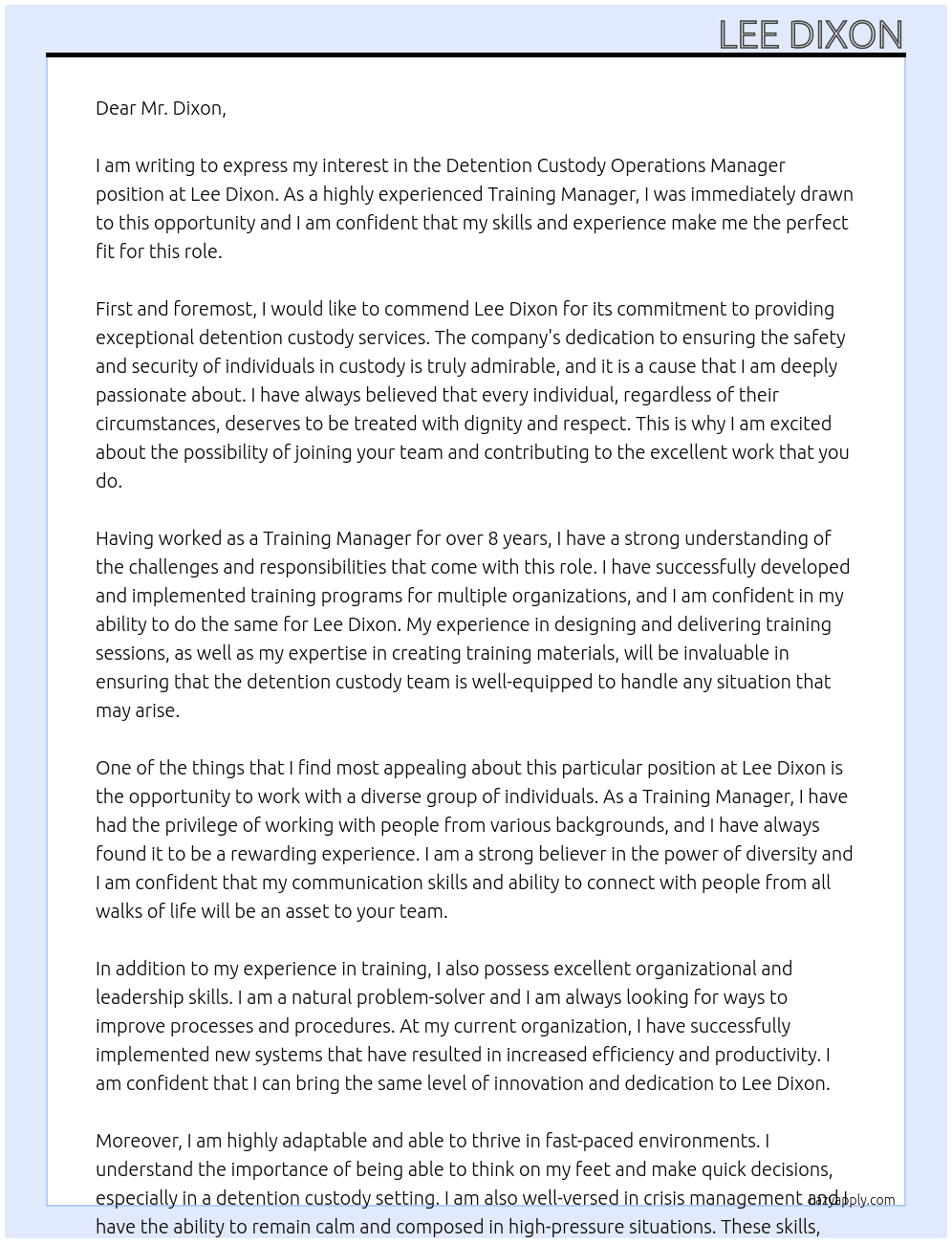 Detention Custody Operations Manager At Lee Dixon Cover Letter