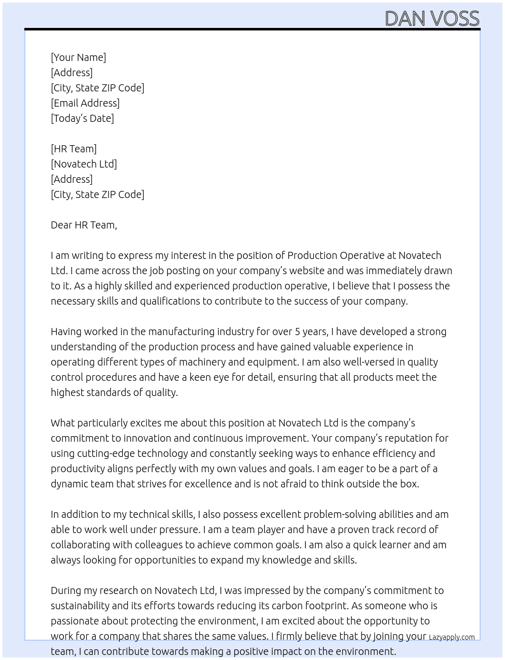 Production Operative At Novatech Ltd Cover Letter