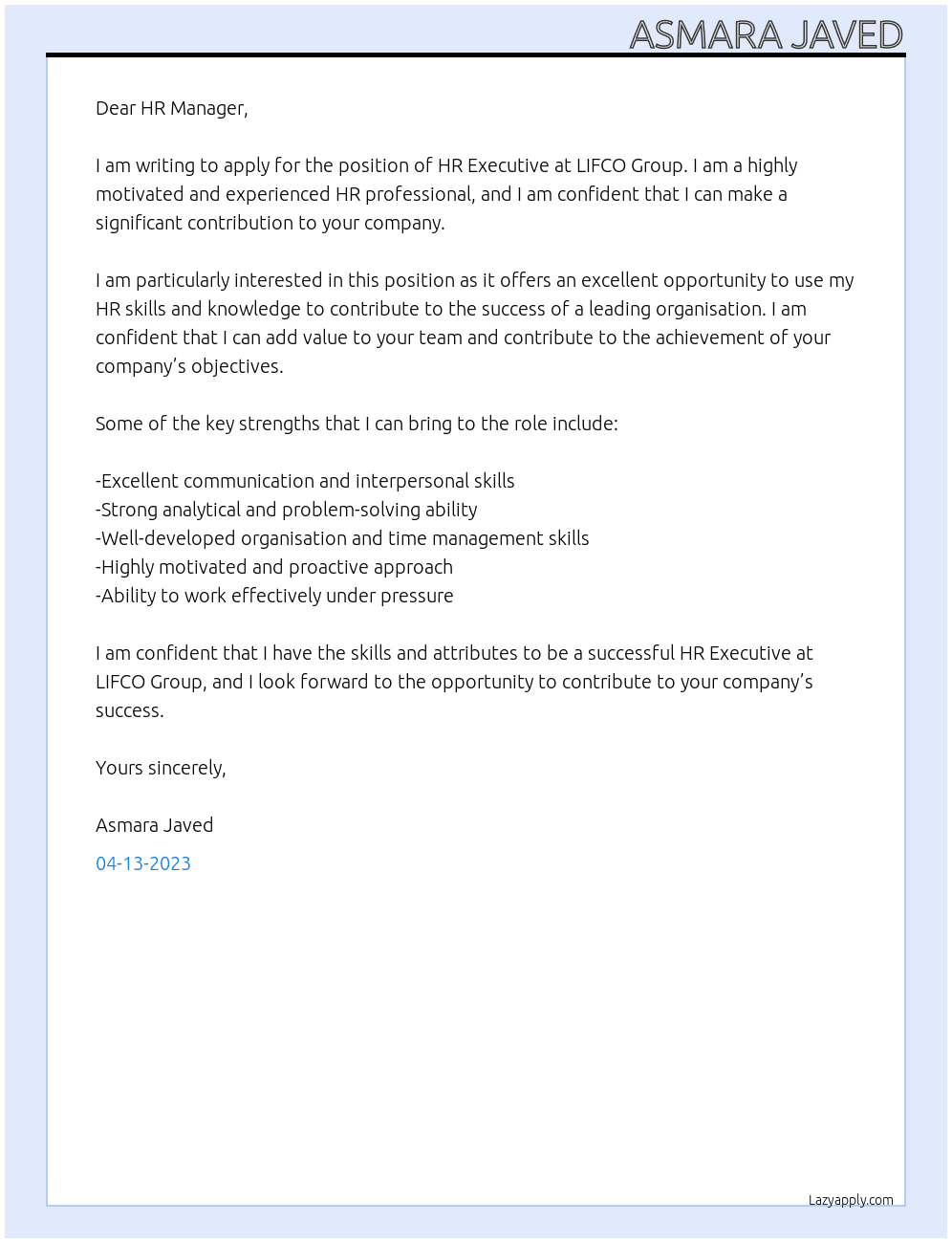 HR Excecutive At LIFCO GROUP Cover Letter