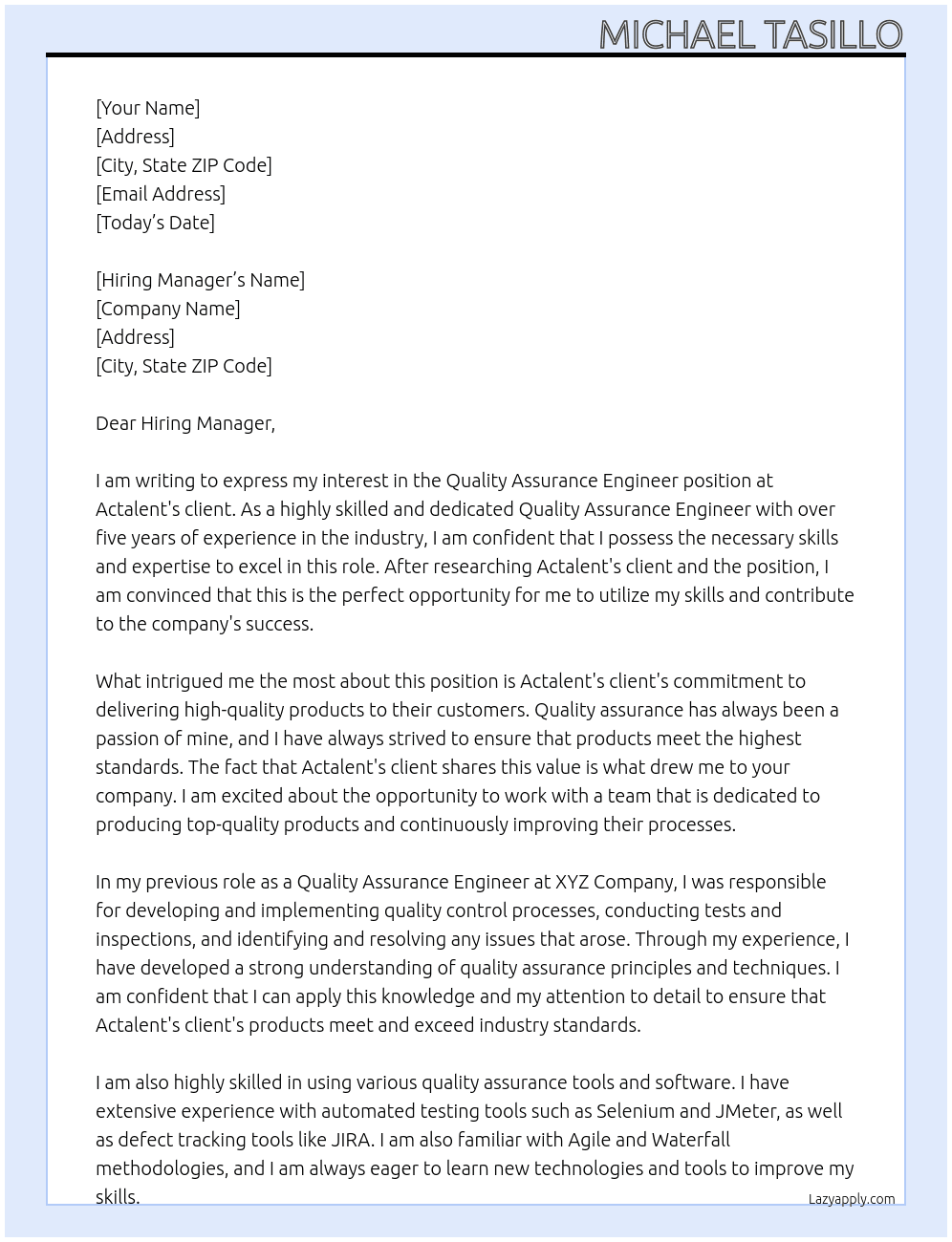 Quality Assurance Engineer At Actalent's client Cover Letter