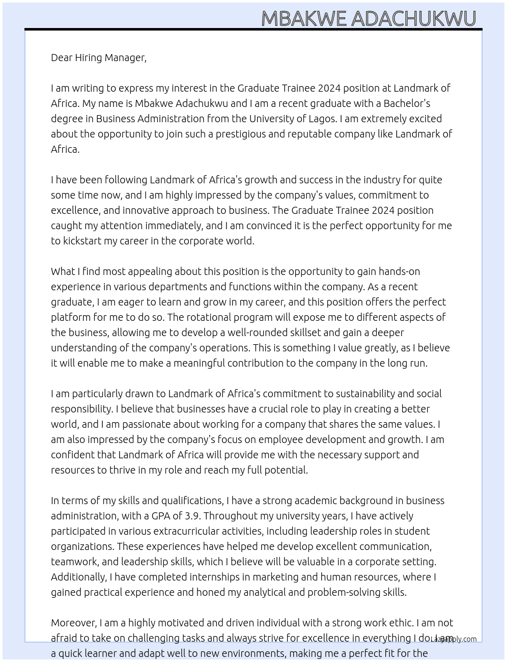 Graduate Trainee 2024 At Landmark of africa Cover Letter