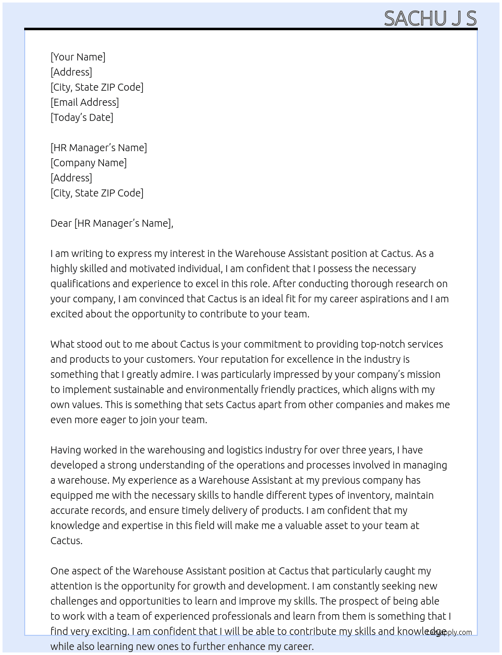 warehouse assistant  At cactus Cover Letter
